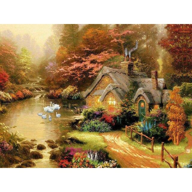 A Beautiful House With Swans Diamond Painting Diamond Art Kit