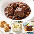 Beef Bourguignon Dinner for Four, featuring Beef Bourguignon (top), Brie & Raspberry en Croûte, Crème Fraîche Mashed Potatoes, and British Sticky Toffee Pudding (left to right).