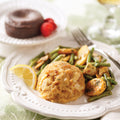 Crab Cake Dinner for Four, featuring Perfect Crab Cakes, Vegetable Potato Medley, and Molten Chocolate Cake