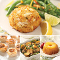 Deluxe Crab Cake Dinner, featuring Jumbo Lump Crab Cakes (top), Caramelized Onion & Feta Pastry Blossoms, Vegetable Potato Medley, and Pineapple Upside Down Cakes (bottom left to right)