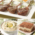 A three-panel food photograph showing prepared dishes: lamb chops on a white platter with herbs, a bowl of creamy mashed potatoes with butter and chives, and a tiramisu with a cocoa-dusted top.