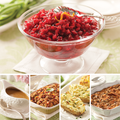 Holiday Esssential Sides Collection featuring Cranberry & Orange Relish, Homemade Turkey Gravy, Cranberry Sausage Stuffing, Sour Cream & Chive Twice Baked Potato, and Sweet Potato Casserole