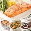 Honey Bourbon Salmon Dinner, featuring Honey Bourbon Salmon Filet, French Onion Soup, Vegetable Potato Medley, and Chocolate Swirl Cake