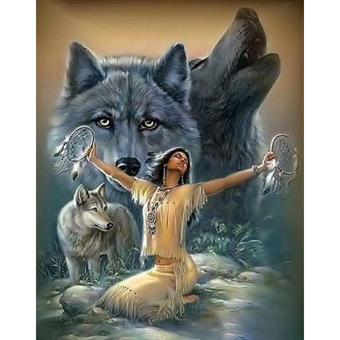 Indian Woman And Wolf Diamond Painting Diamond Art Kit