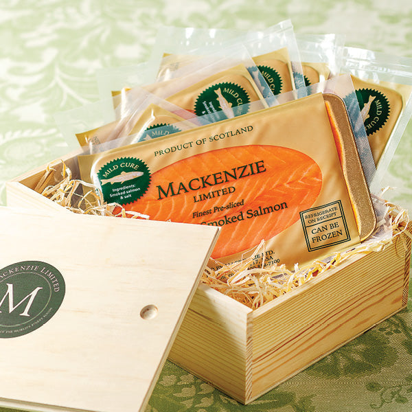 Mackenzie Scottish Smoked Salmon, Six 4 oz. Packs, Wooden Gift Crate