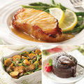 Miso Sea Bass complete dinner featuring Miso Sea Bass fillet (top), Vegetable Potato Medley (bottom left), and Molten Chocolate Cakes (bottom right)
