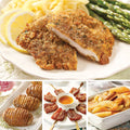 Pork Schnitzel Dinner for Four, featuring Pork Schnitzel (top), Hasselback Potatoes, Vanilla-Bourbon Bacon "Lollipops", and Kettle Cooked Apples (bottom left to right)