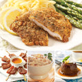 Pork Schnitzel Dinner for Two featuring Pork Schnitzel (top), Vanilla-Bourbon Bacon Lollipops, Garlic Mashed Potatoes, and Individual Sticky Toffee Pudding (bottom left to right)