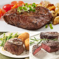 Premium Steak Sampler collage with the Filet Mignon, Prime Top Sirloin, and Marinated Flat Iron Steak.