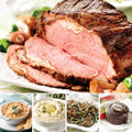 Prime Rib Roast Complete Dinner, featuring Prime Rib Roast (top), Creamy Crab Dip, Crème Fraîche Mashed Potatoes, Green Bean Casserole, and Molten Chocolate Cakes (left to right).