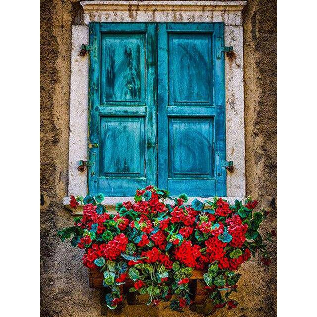 Red Flowers In Window Diamond Painting Diamond Art Kit