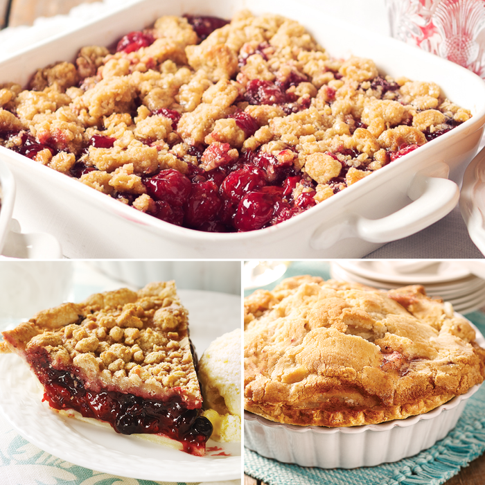 A collage of the cherry crisp, four-berry pie, and apple pie sampler