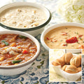 Seafood Soup Sampler, featuring Maryland Crab Soup, Lobster Bisque, and New England Clam Chowder, with Gourmet Dinner Rolls