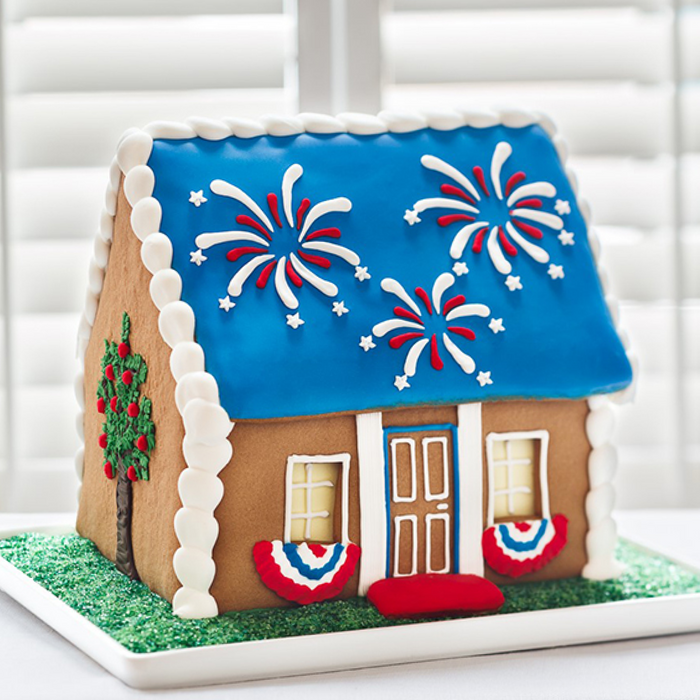 Star-Spangled Cookie House with hand-crafted designs on front