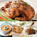 Stuffed Cornish Hen Complete Dinner featuring Stuffed Cornish Hen (top), Creamy Crab Dip, Brussels Sprouts Gratin Casserole, and Sticky Toffee Pudding (bottom left to right).